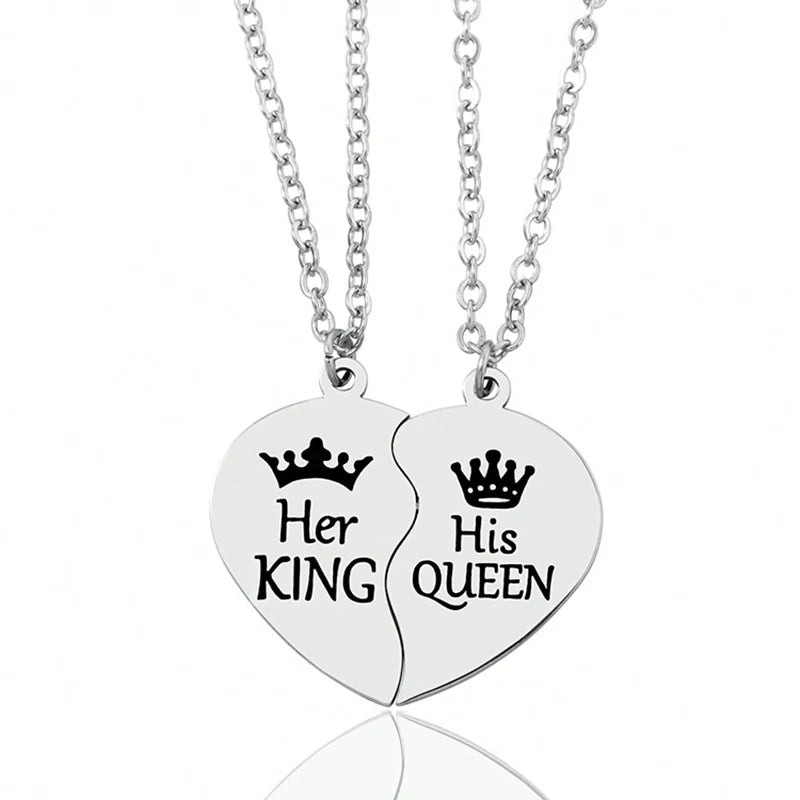 Her King His Queen Herz-Partnerketten – Edelstahl Matching Halsketten mit Anhänger für Verliebte