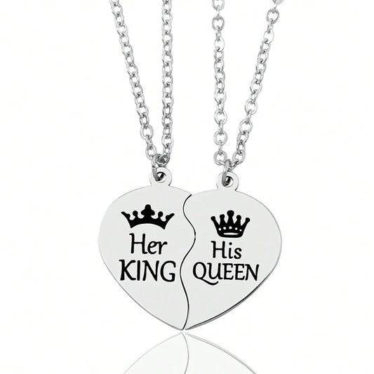 Her King His Queen Herz-Partnerketten – Edelstahl Matching Halsketten mit Anhänger für Verliebte