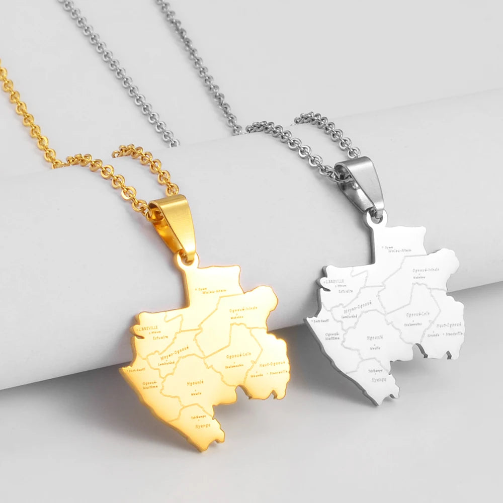 Gabun-Landkarte mit Städten Halskette – Edelstahl Gabunischer Länder-Karten-Anhänger, Heimat-, Kultur- & Reiseschmuck für Damen & Herren