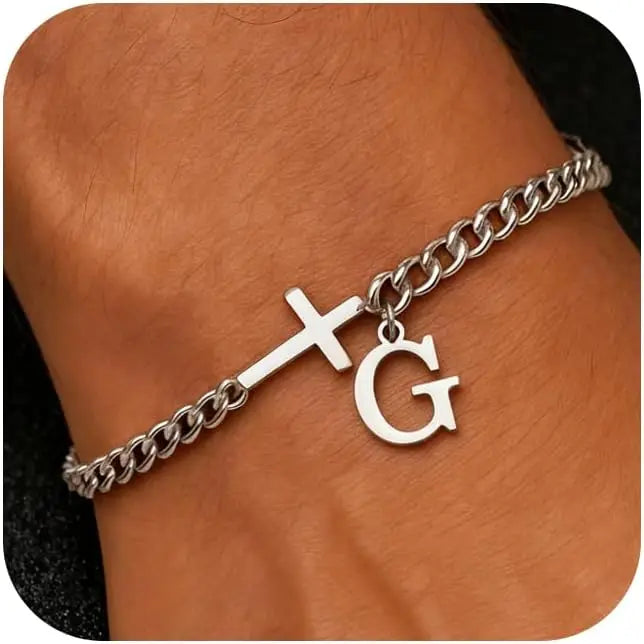 Herren Kreuz-Panzerarmband mit Initiale – A–Z Edelstahl-Armband als Glaubensschmuck