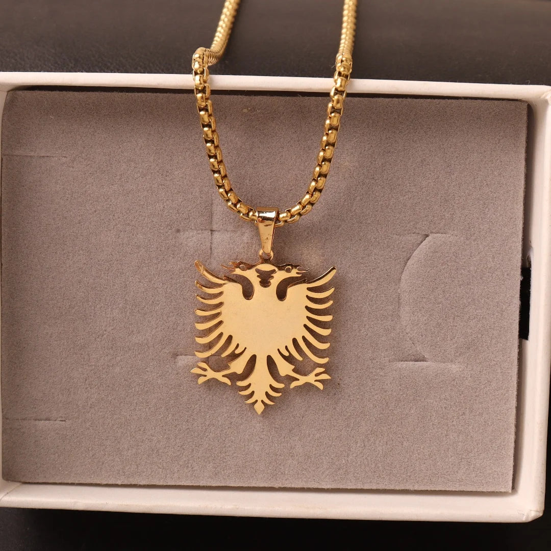 Albanische Doppeladler-Halskette – Edelstahl Albania Flaggen-Adler-Anhänger, Unisex Heimat- & Kulturschmuck für Damen & Herren
