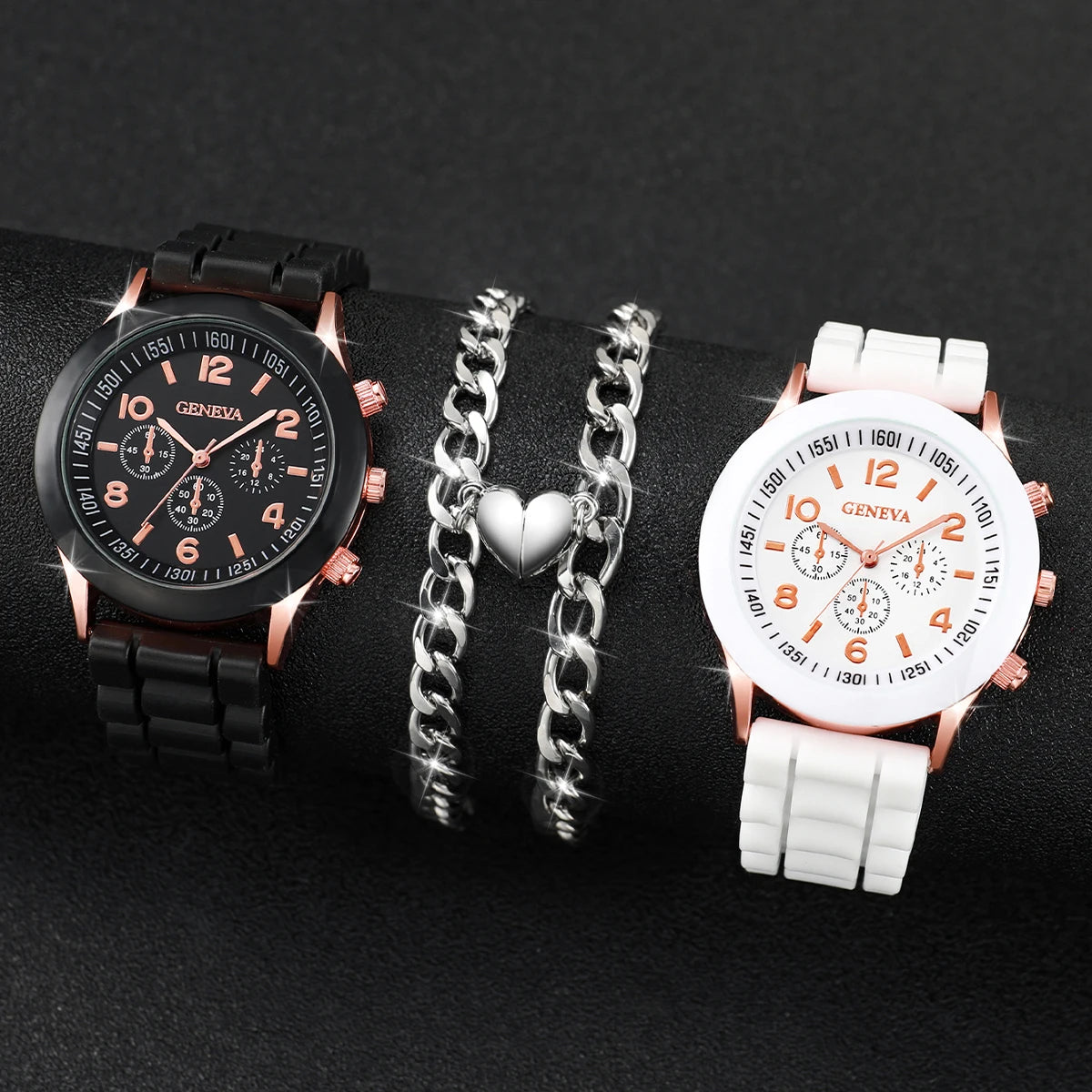 Partner-Armbanduhren mit Quarzwerk, Silikonarmbändern & Herzarmbändern – Passendes Uhren- und Schmuckset für Paare