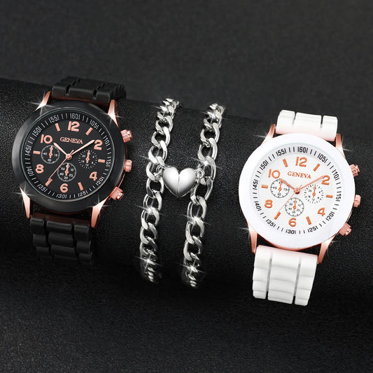 Partner-Armbanduhren mit Quarzwerk, Silikonarmbändern & Herzarmbändern – Passendes Uhren- und Schmuckset für Paare