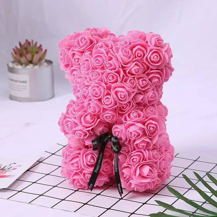 25cm Rosen-Teddybär mit Geschenkbox – Romantischer Kunstrosen-Bär zum Valentinstag oder besonderem Anlass