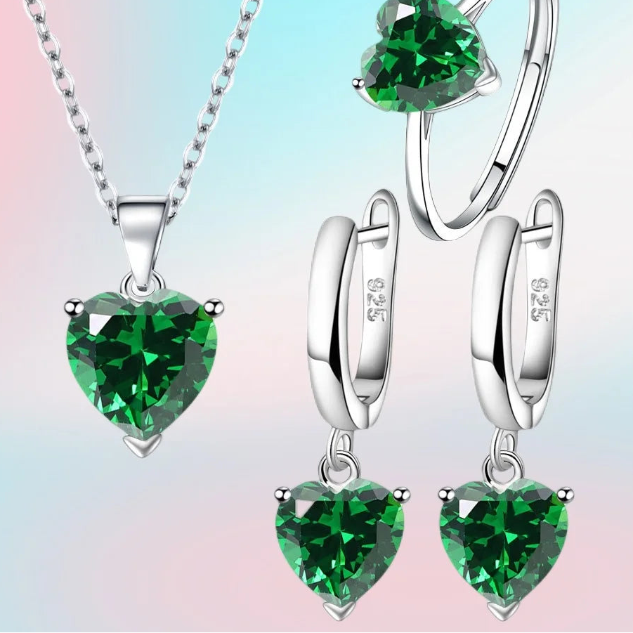 Romantisches Herz-Schmuckset für Damen – Silberfarbene Zirkon-Halskette, Creolen & Ring