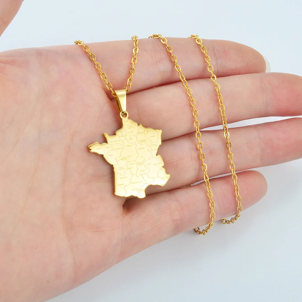 Frankreich Landkarten-Halskette  – Edelstahl Französischer Länder-Anhänger, Eleganter Heimat-, Kultur- & Reiseschmuck