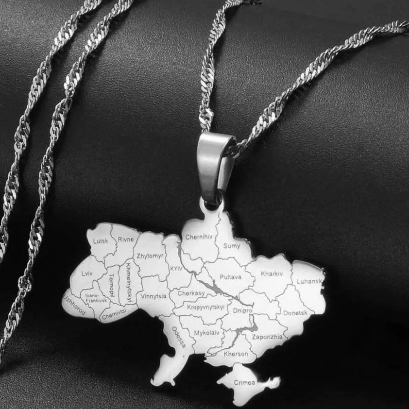 Ukraine-Landkarte mit Städten Halskette – Kyiv/Kiew Karten-Anhänger, Ukrainischer Heimat-, Reise- & Erinnerungsschmuck