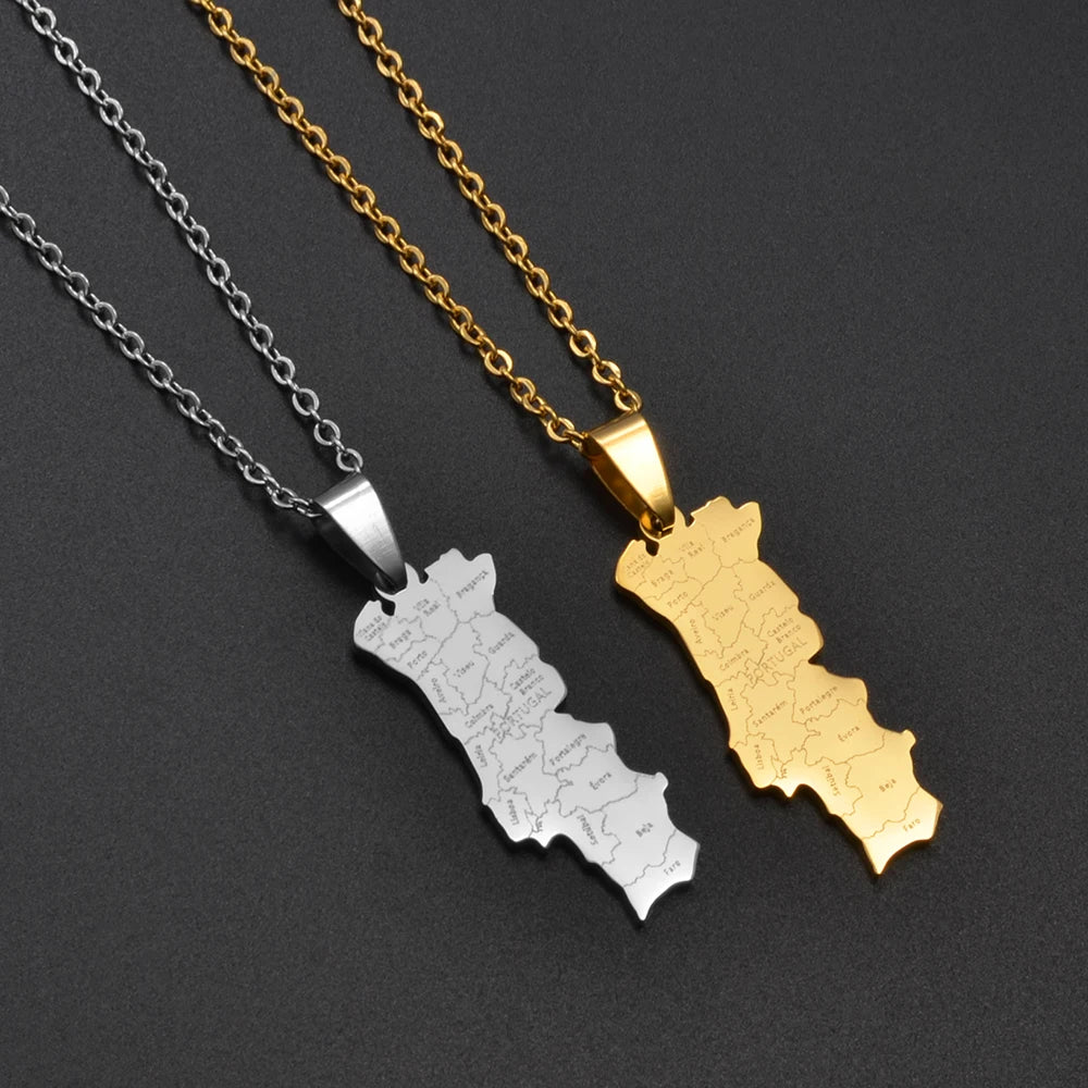 Portugal Landkarte mit Städten Halskette – Portugiesischer Länder-Anhänger & Charm, Heimat-, Kultur- & Reiseschmuck