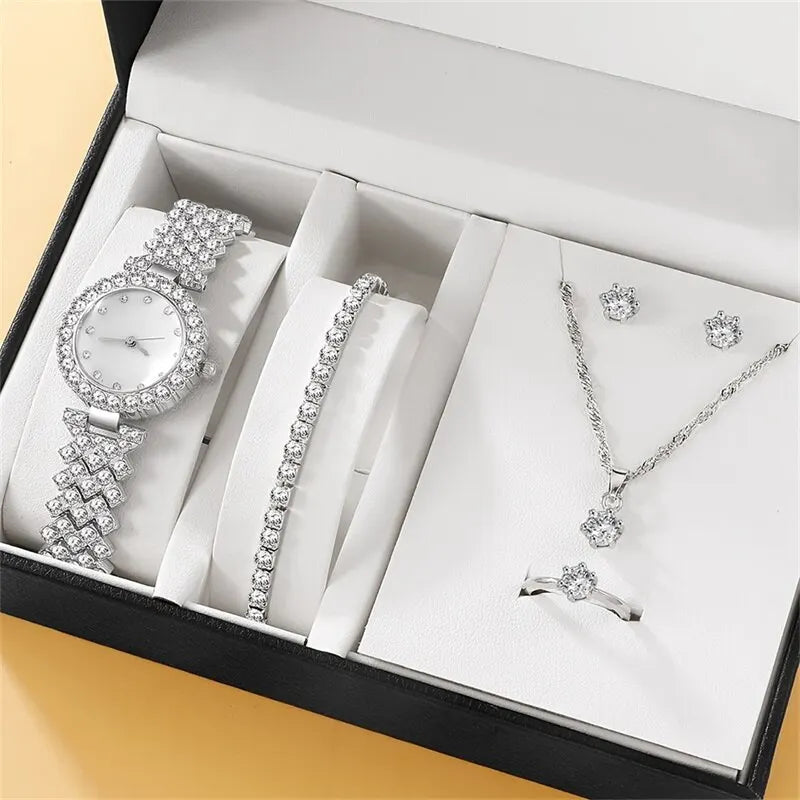 Elegante Damen-Armbanduhr mit Ring, Halskette, Ohrringen & Armband – Funkelndes Schmuckset mit Strasssteinen
