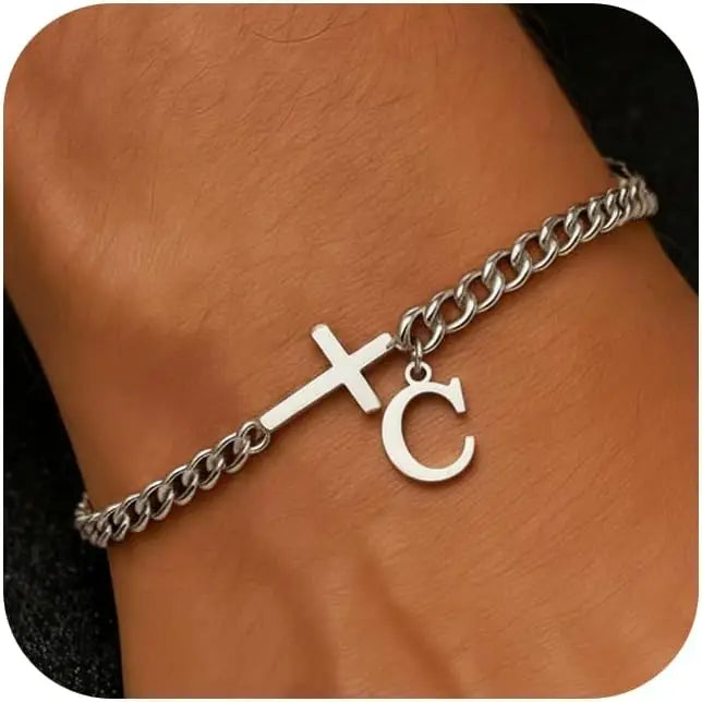 Herren Kreuz-Panzerarmband mit Initiale – A–Z Edelstahl-Armband als Glaubensschmuck