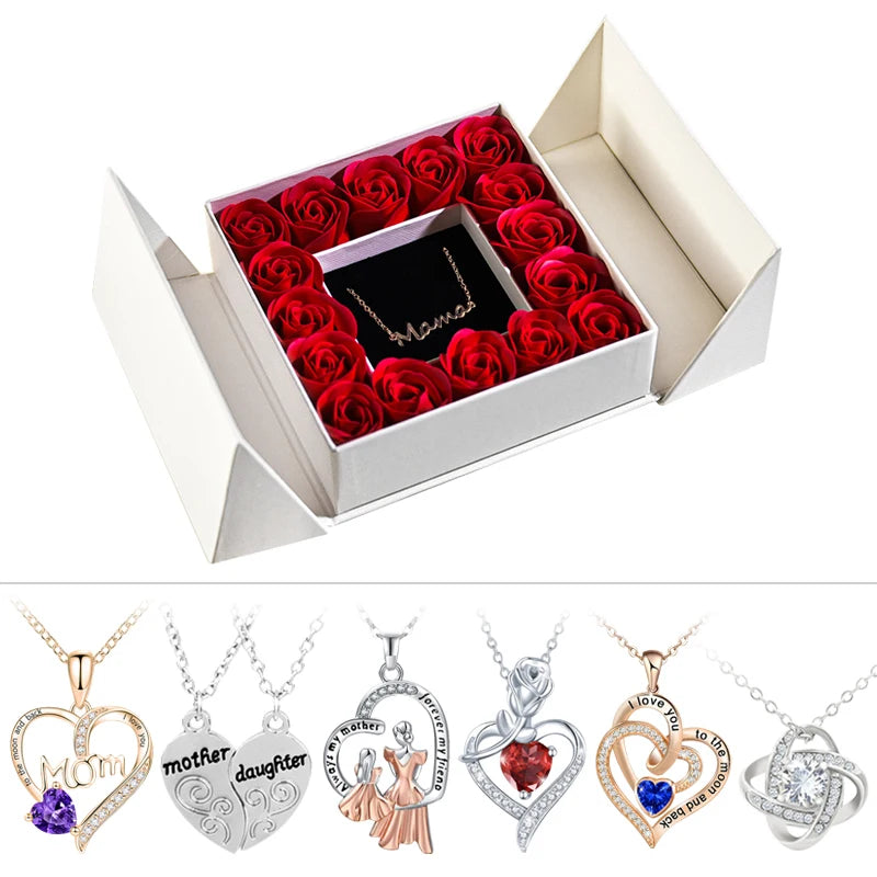 Geschenkbox mit Ewiger Rose, Anhänger-Halskette & Rosenseife – Elegantes Schmuckgeschenk für Damen