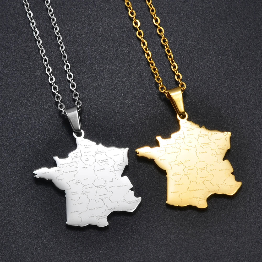 Frankreich Landkarten-Halskette  – Edelstahl Französischer Länder-Anhänger, Eleganter Heimat-, Kultur- & Reiseschmuck
