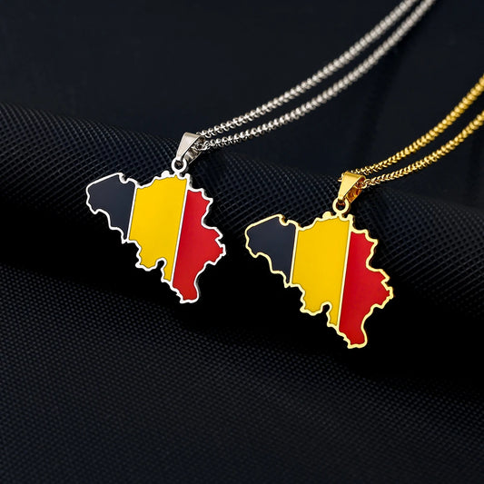 Belgien-Karten- & Flaggen-Halskette – Edelstahl-Anhänger mit Emaille für Damen & Herren