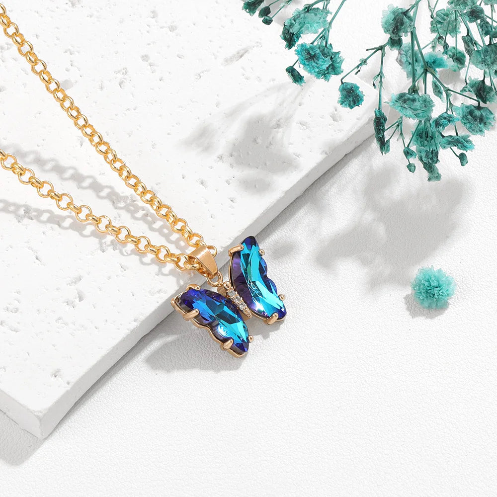 Bunte Schmetterlings-Halskette mit Glaskristallen – Eleganter Anhänger-Schmuck für Damen & Mädchen