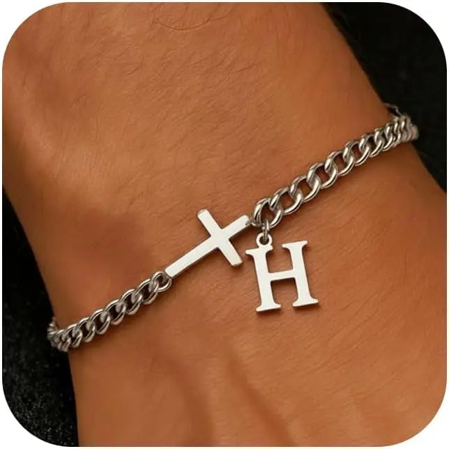 Herren Kreuz-Panzerarmband mit Initiale – A–Z Edelstahl-Armband als Glaubensschmuck