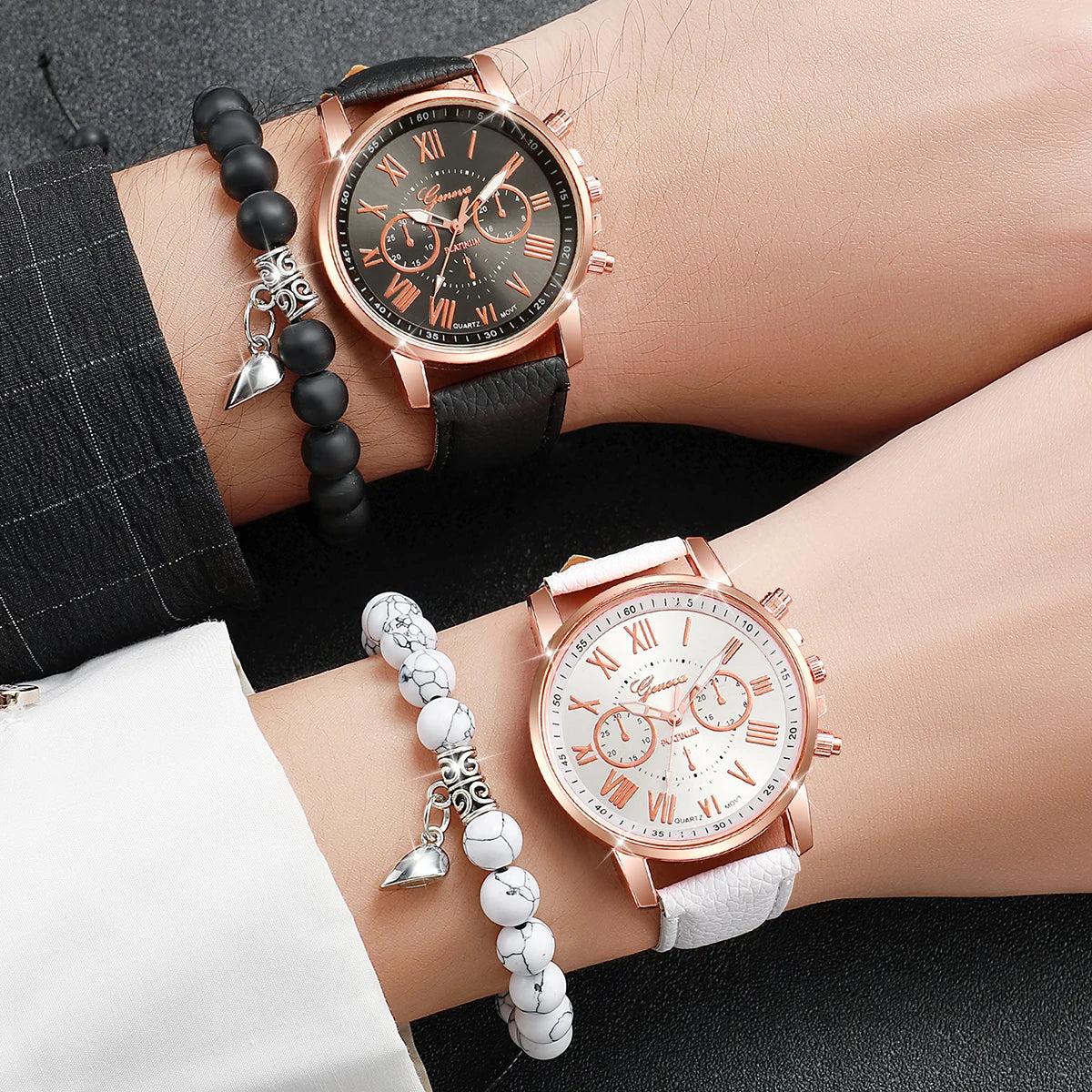 Modische Partner-Armbanduhren mit Römischen Ziffern, Quarzwerk & Lederarmbändern – Passendes Uhren- und Armbandset für Paare