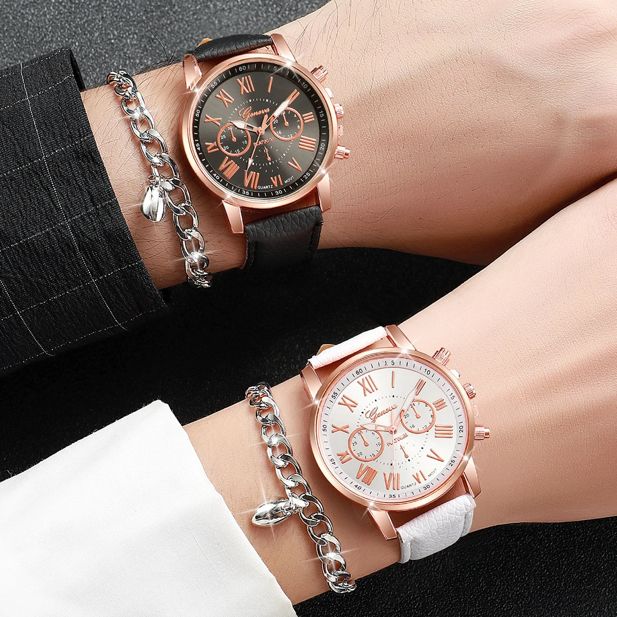 Modische Partner-Armbanduhren mit Römischen Ziffern, Quarzwerk & Lederarmbändern – Passendes Uhren- und Armbandset für Paare