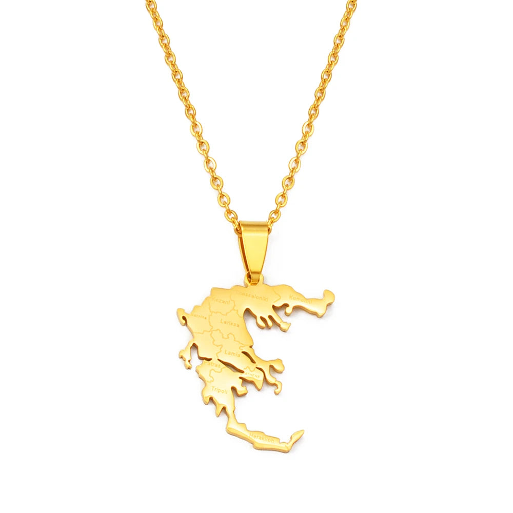 Griechenland-Landkarte mit Städten Halskette – Gold- & Silberfarbener Länder-Anhänger, Griechischer Heimat- & Kulturschmuck für Damen & Herren