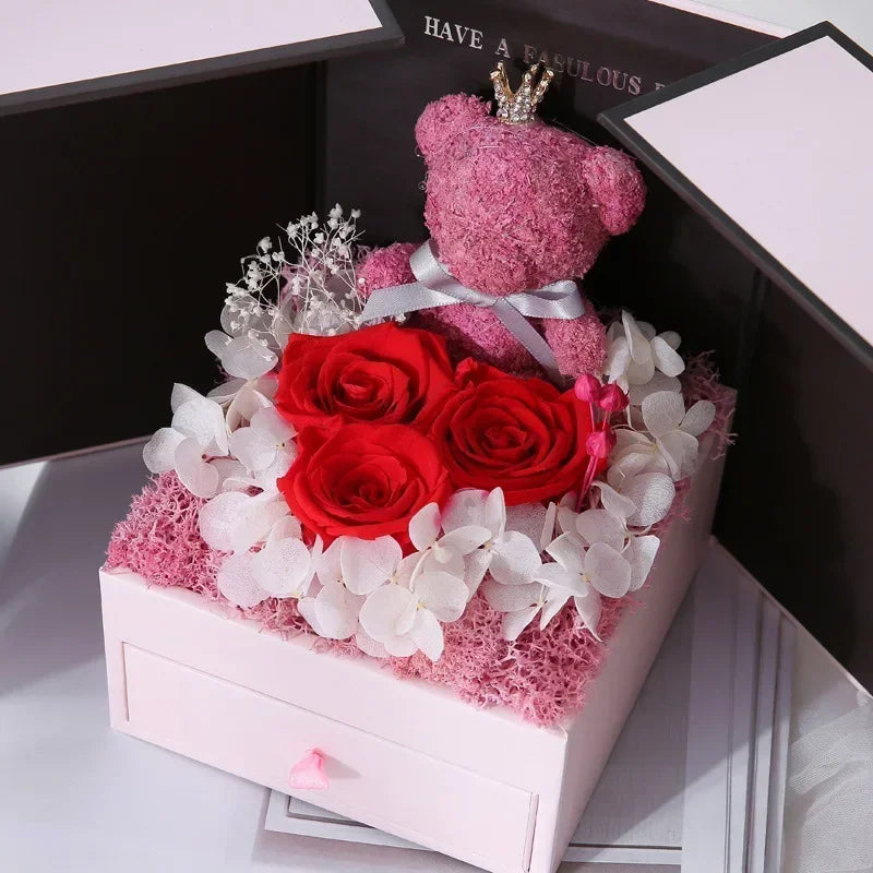 Geschenkbox mit Ewigkeitsrose, Bärchenmotiv & Halskette – Romantische Doppeltür-Schmuckbox mit Lippenstiftfach