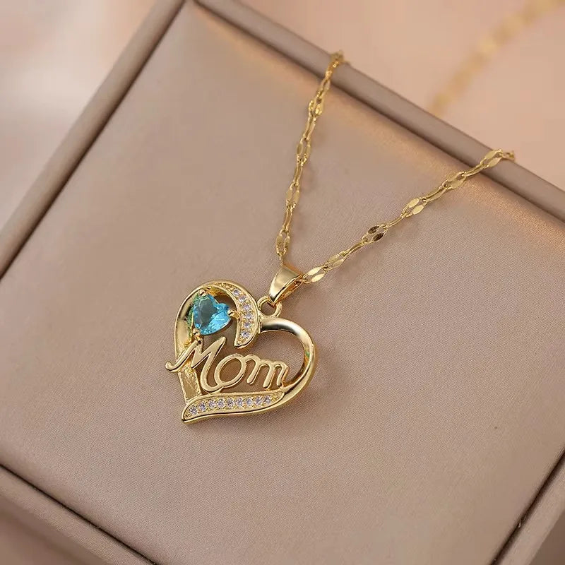 Mehrfarbige Kristall-Herz MAMA Halskette für Damen – Edelstahl Mama-Schriftzug & Schmetterling-Anhänger, Muttertagsgeschenk