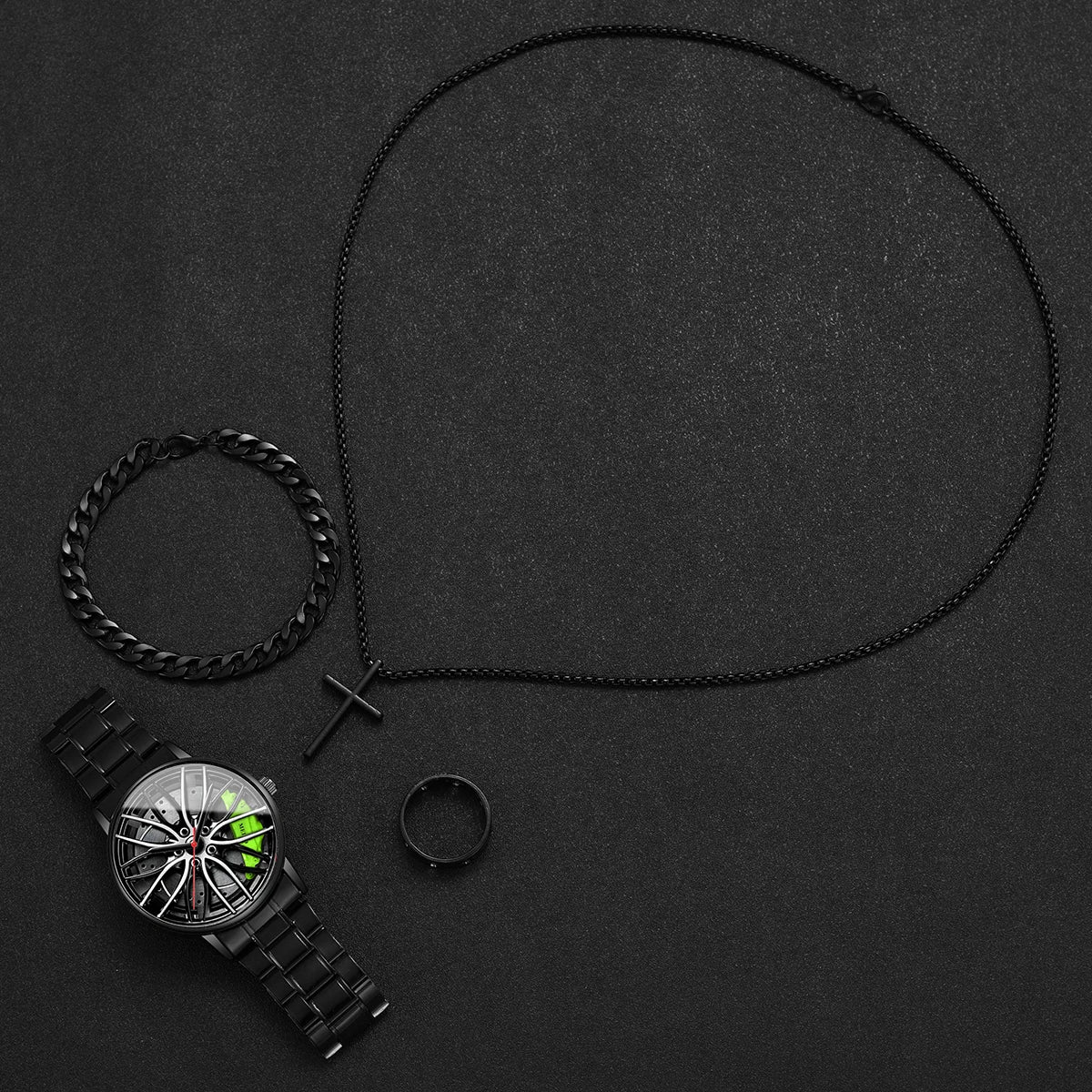 Herren-Quarzuhr mit 3D-Autorad-Zifferblatt & Edelstahlarmband – Sportliche Armbanduhr mit Modischem Schmuckset