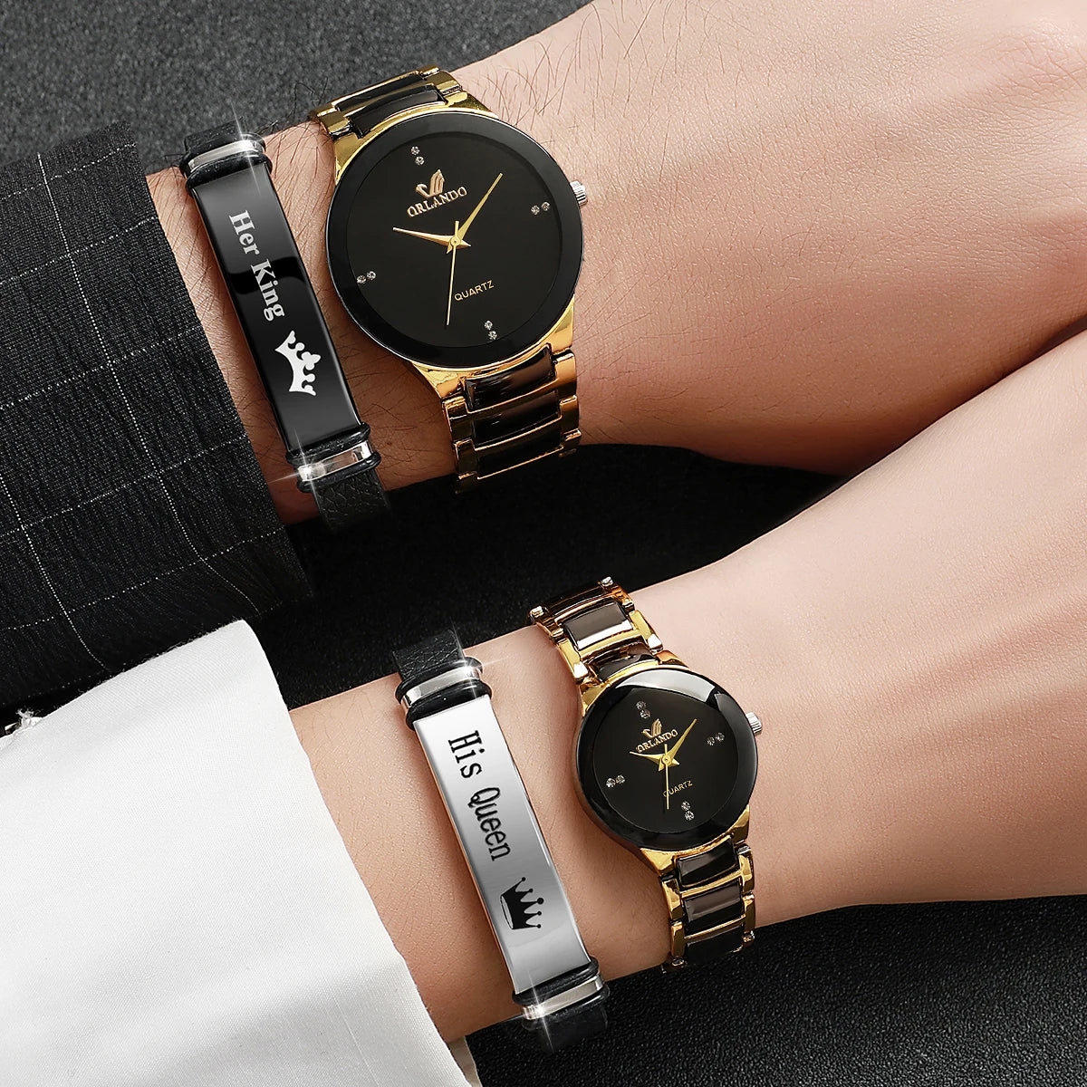 Elegante Partner-Armbanduhren mit Quarzwerk, Edelstahlarmbändern & Passenden Schmuckarmbändern – Stilvolles Uhren-Set für Damen & Herren