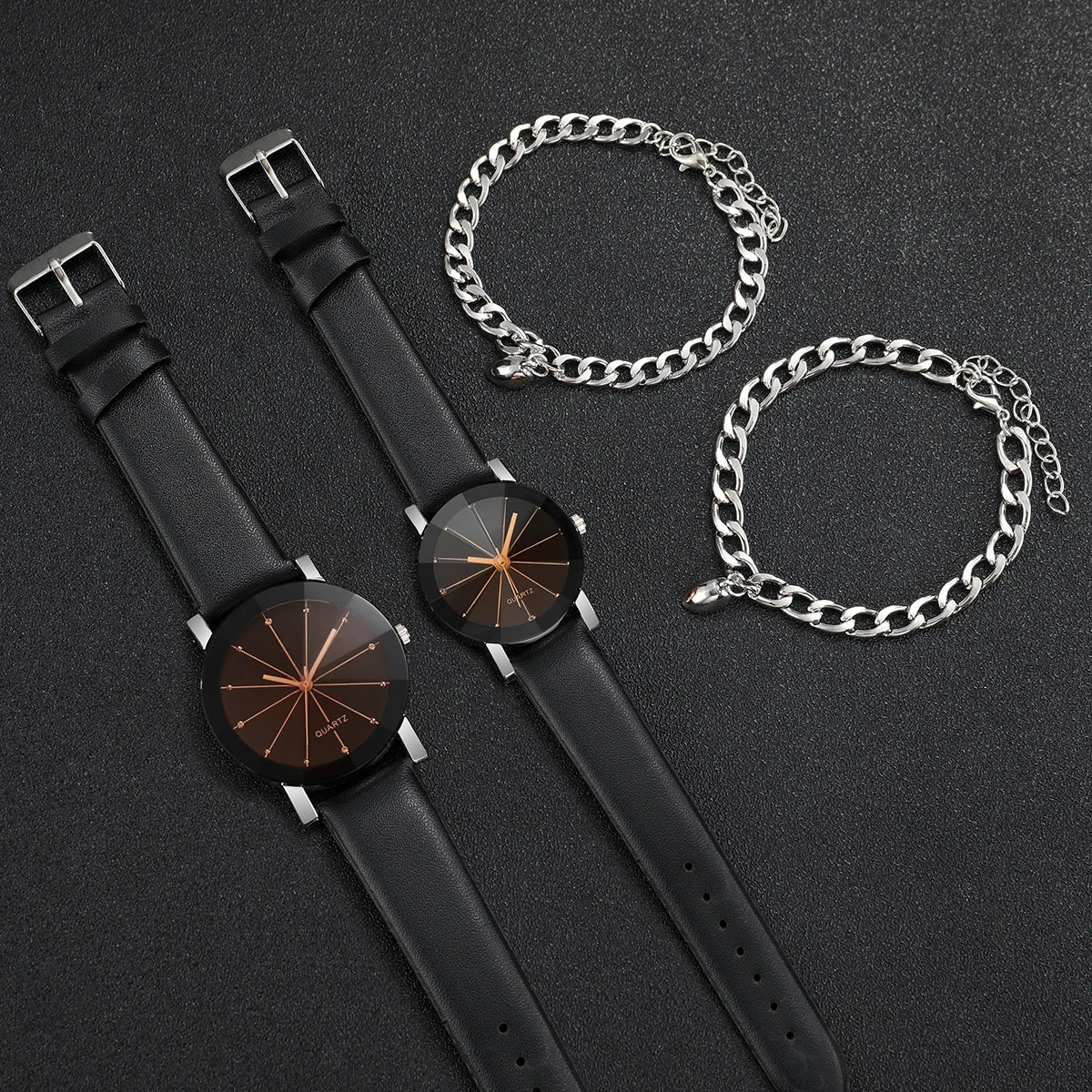 Partner-Quarzuhren mit Strasssteinen, Lederarmbändern & Magnetischen Herzarmbändern – Passendes Uhren- und Schmuckset