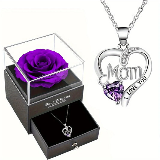 Luxuriöse Rosen-Geschenkbox für Mama – Lila Seifenrose mit „MOM I Love You“ Herz-Halskette