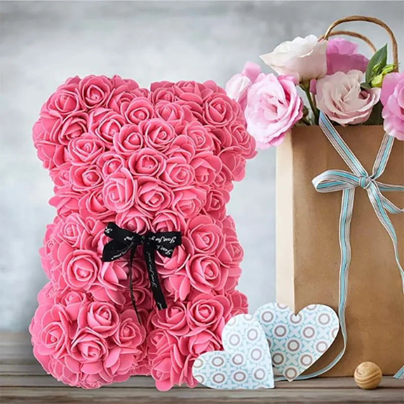 25cm Rosen-Teddybär mit Geschenkbox – Romantischer Kunstrosen-Bär zum Valentinstag oder besonderem Anlass