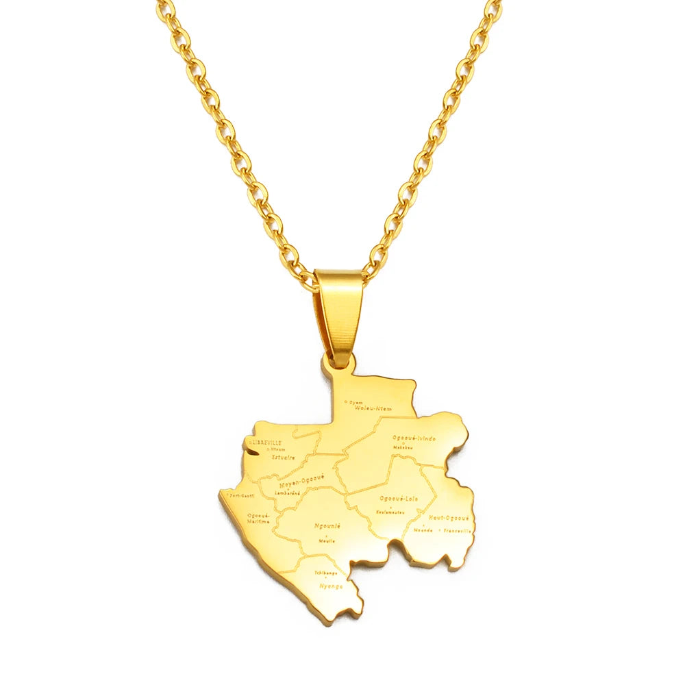Gabun-Landkarte mit Städten Halskette – Edelstahl Gabunischer Länder-Karten-Anhänger, Heimat-, Kultur- & Reiseschmuck für Damen & Herren
