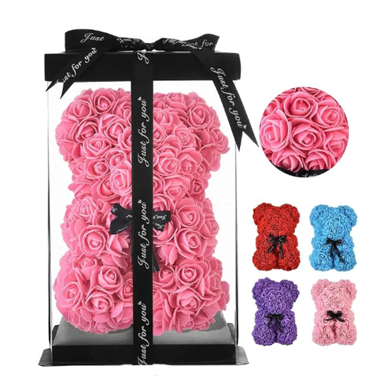 25cm Rosen-Teddybär mit Geschenkbox – Romantischer Kunstrosen-Bär zum Valentinstag oder besonderem Anlass