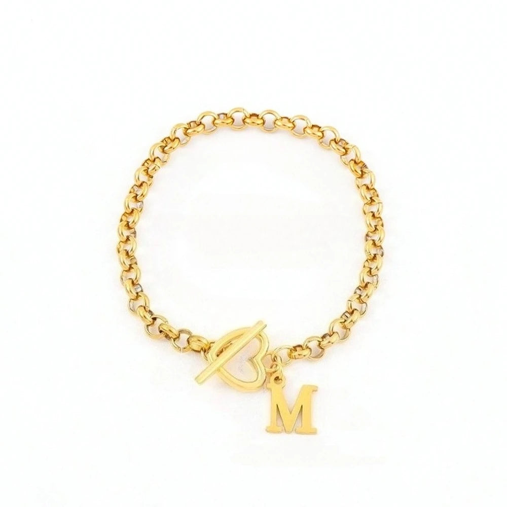 Vergoldetes A-Z Initialen-Herzarmband – Edelstahl-Buchstabenarmband mit Knebelverschluss für Damen, Valentinstags- & Liebesgeschenk
