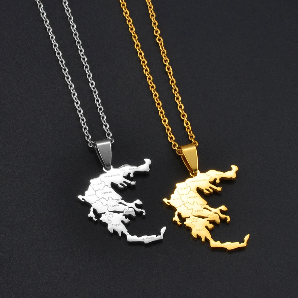 Griechenland-Landkarte mit Städten Halskette – Gold- & Silberfarbener Länder-Anhänger, Griechischer Heimat- & Kulturschmuck für Damen & Herren