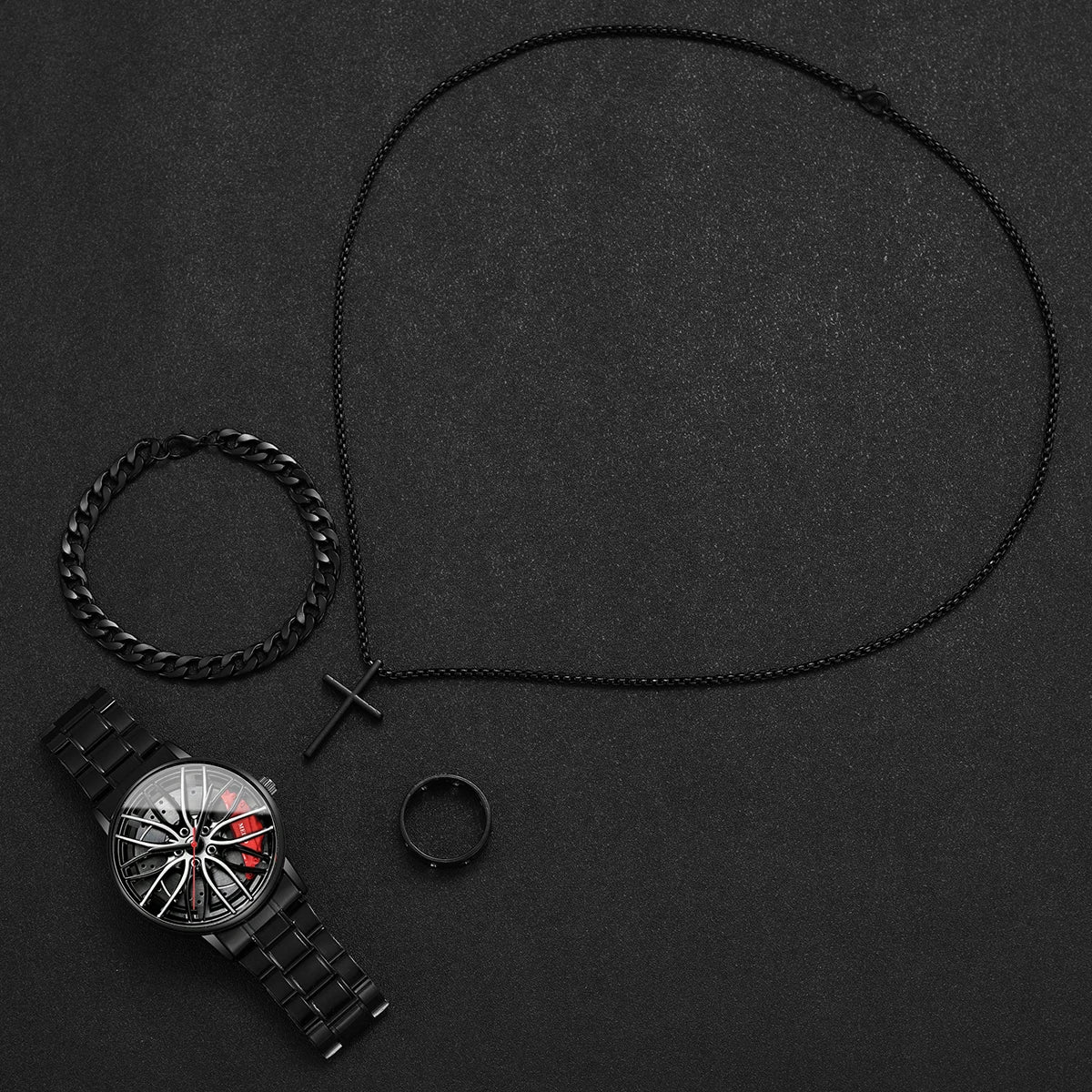 Herren-Quarzuhr mit 3D-Autorad-Zifferblatt & Edelstahlarmband – Sportliche Armbanduhr mit Modischem Schmuckset