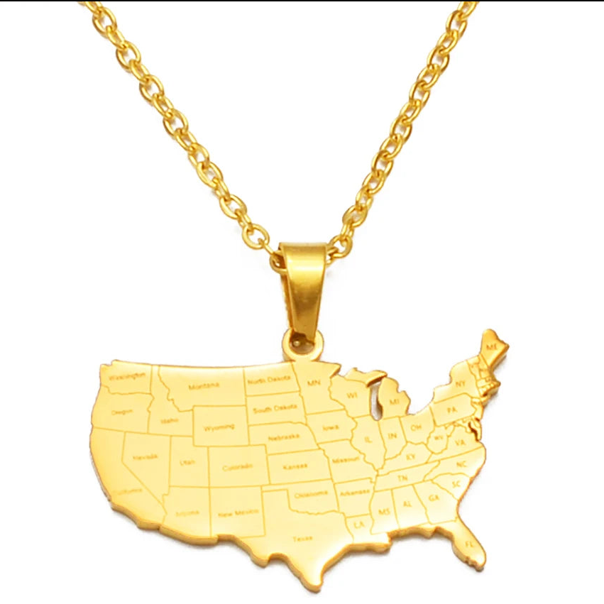 USA-Landkarte mit Bundesstaaten Halskette für Damen & Herren – Vereinigte Staaten Karten-Anhänger, Amerika Heimat- & Reiseschmuck
