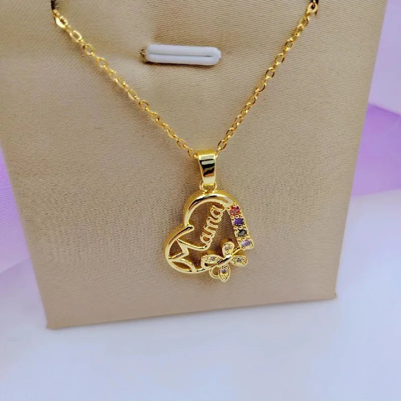 Mehrfarbige Kristall-Herz MAMA Halskette für Damen – Edelstahl Mama-Schriftzug & Schmetterling-Anhänger, Muttertagsgeschenk