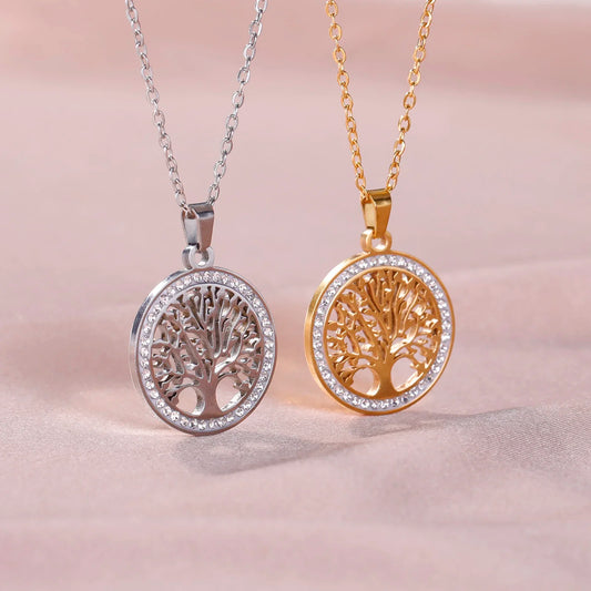 Edelstahl Lebensbaum-Halskette für Damen – Filigraner Baum-des-Lebens-Anhänger mit AAA Zirkon-Rand, Wasserfest, Hypoallergen, Farbbeständig & Verstellbare Kette als Geschenk
