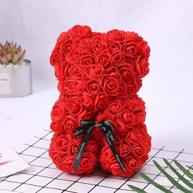 25cm Rosen-Teddybär mit Geschenkbox – Romantischer Kunstrosen-Bär zum Valentinstag oder besonderem Anlass