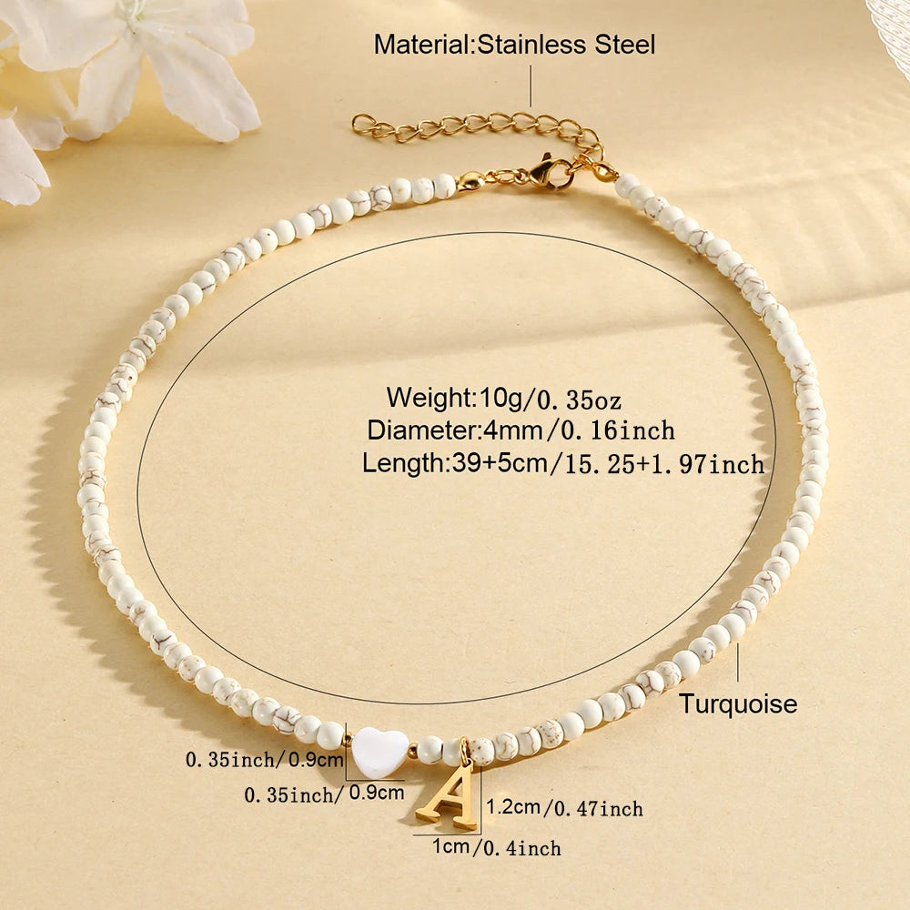 Boho Herz-Muschel Initialen-Halskette für Damen – Edelstahl Perlen-Choker