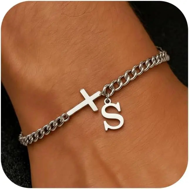 Herren Kreuz-Panzerarmband mit Initiale – A–Z Edelstahl-Armband als Glaubensschmuck