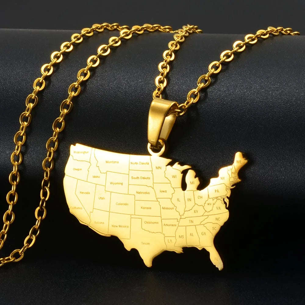 USA-Landkarte mit Bundesstaaten Halskette für Damen & Herren – Vereinigte Staaten Karten-Anhänger, Amerika Heimat- & Reiseschmuck