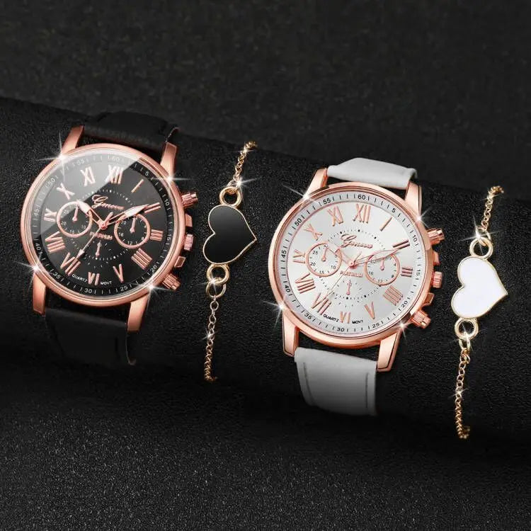 Modische Partner-Armbanduhren mit Römischen Ziffern, Quarzwerk & Lederarmbändern – Passendes Uhren- und Armbandset für Paare