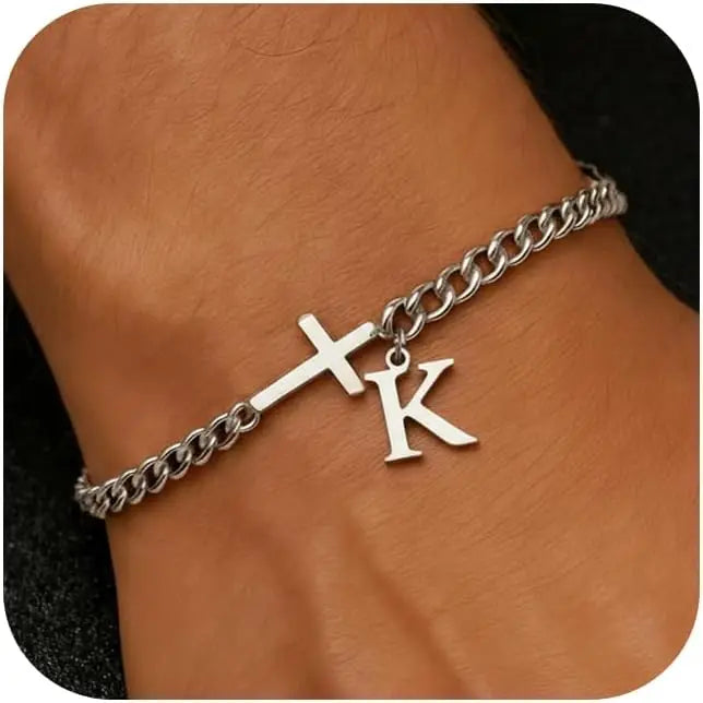 Herren Kreuz-Panzerarmband mit Initiale – A–Z Edelstahl-Armband als Glaubensschmuck