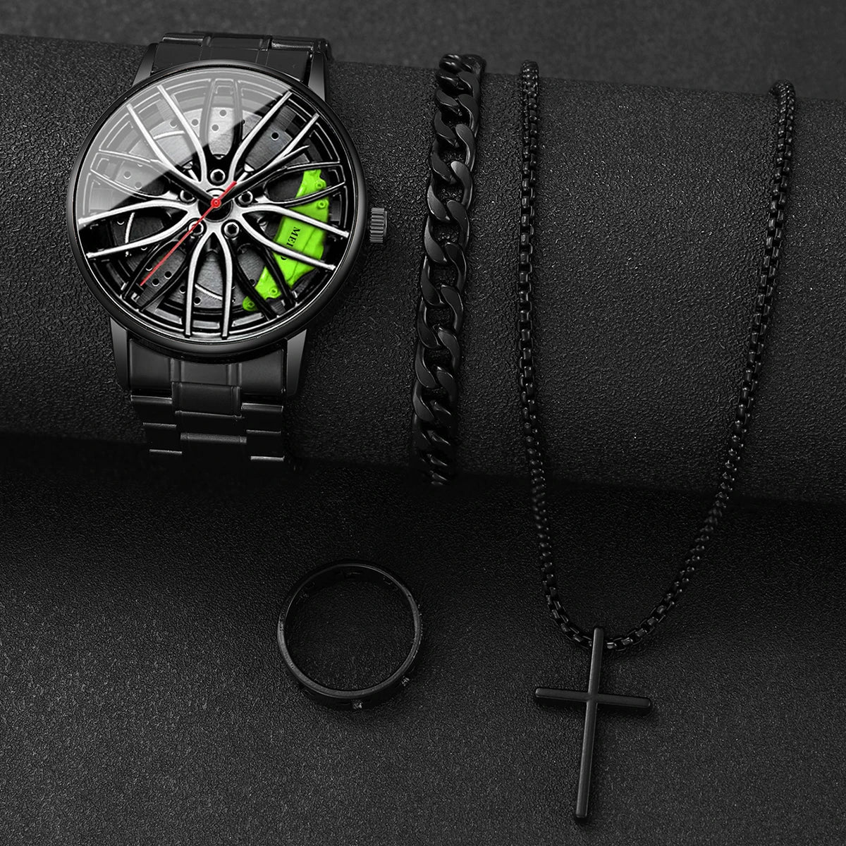 Herren-Quarzuhr mit 3D-Autorad-Zifferblatt & Edelstahlarmband – Sportliche Armbanduhr mit Modischem Schmuckset