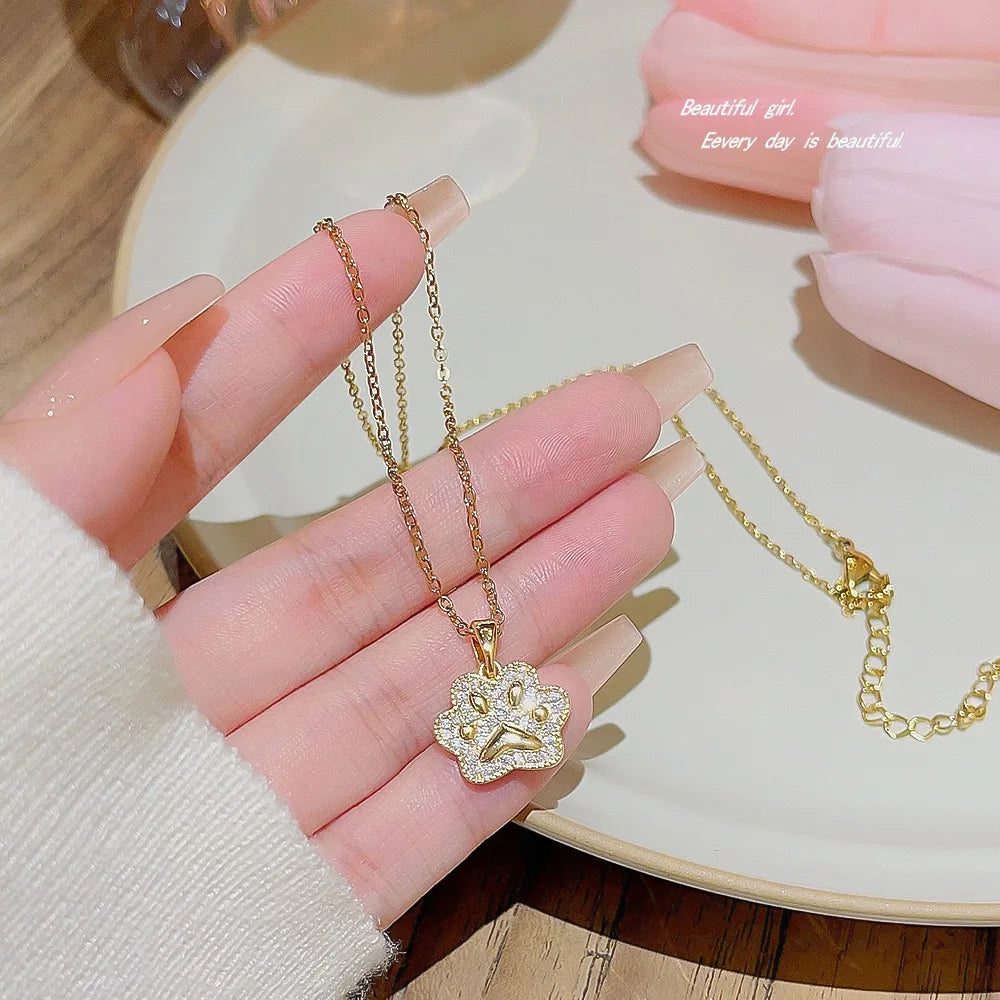 Goldfarbene Katzenpfoten-Zirkonia-Halskette für Damen – Edelstahl Tierpfoten-Anhänger, Farbbeständiger Koreanischer Trend-Schmuck