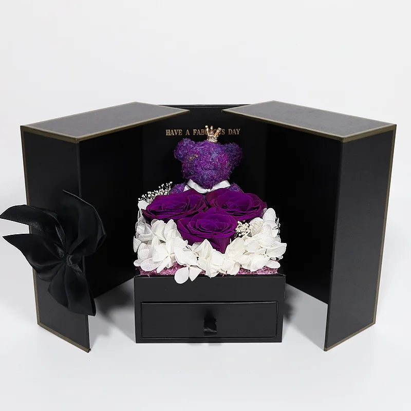 Geschenkbox mit Ewigkeitsrose, Bärchenmotiv & Halskette – Romantische Doppeltür-Schmuckbox mit Lippenstiftfach