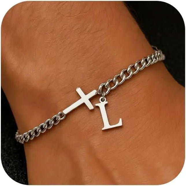 Herren Kreuz-Panzerarmband mit Initiale – A–Z Edelstahl-Armband als Glaubensschmuck