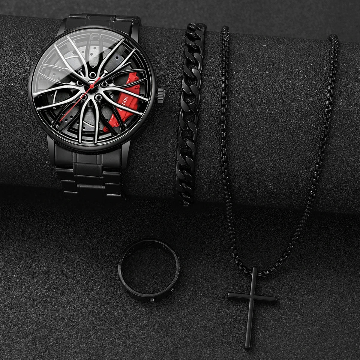 Herren-Quarzuhr mit 3D-Autorad-Zifferblatt & Edelstahlarmband – Sportliche Armbanduhr mit Modischem Schmuckset