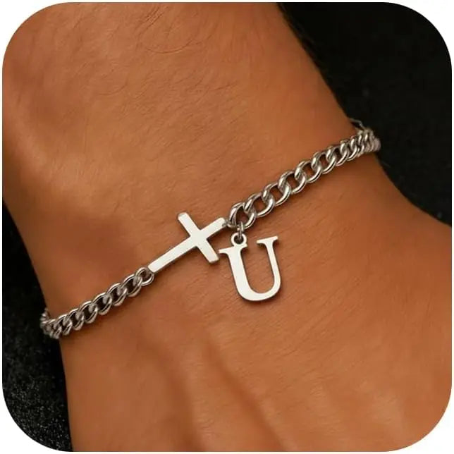 Herren Kreuz-Panzerarmband mit Initiale – A–Z Edelstahl-Armband als Glaubensschmuck