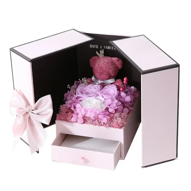 Geschenkbox mit Ewigkeitsrose, Bärchenmotiv & Halskette – Romantische Doppeltür-Schmuckbox mit Lippenstiftfach